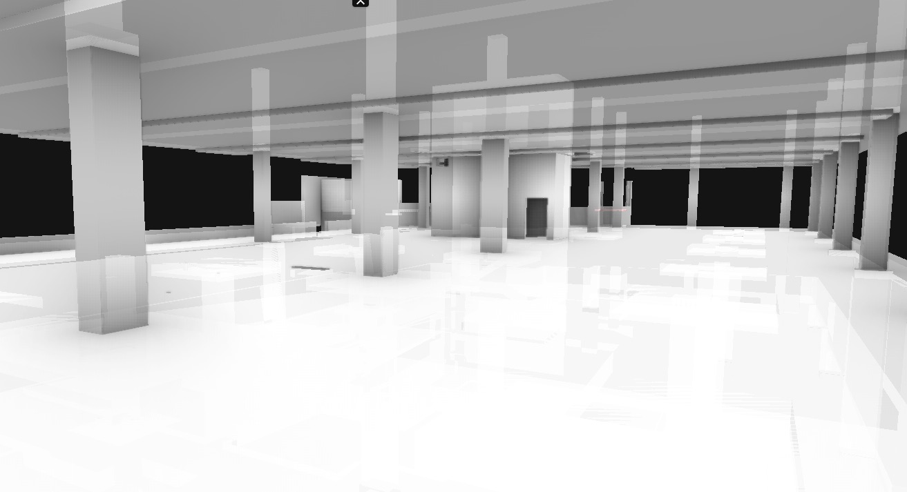 Vue immersive à l'intérieur d'une maquette 3D : un étage dégagé et ses colonnes de béton