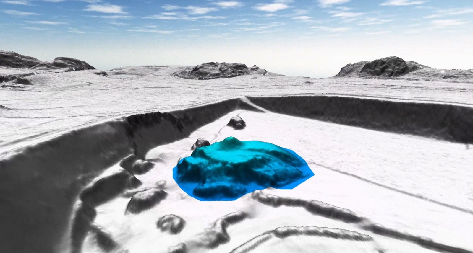 Volume de matériaux isolé en bleu sur un modèle de terrain, calculé sur mesure