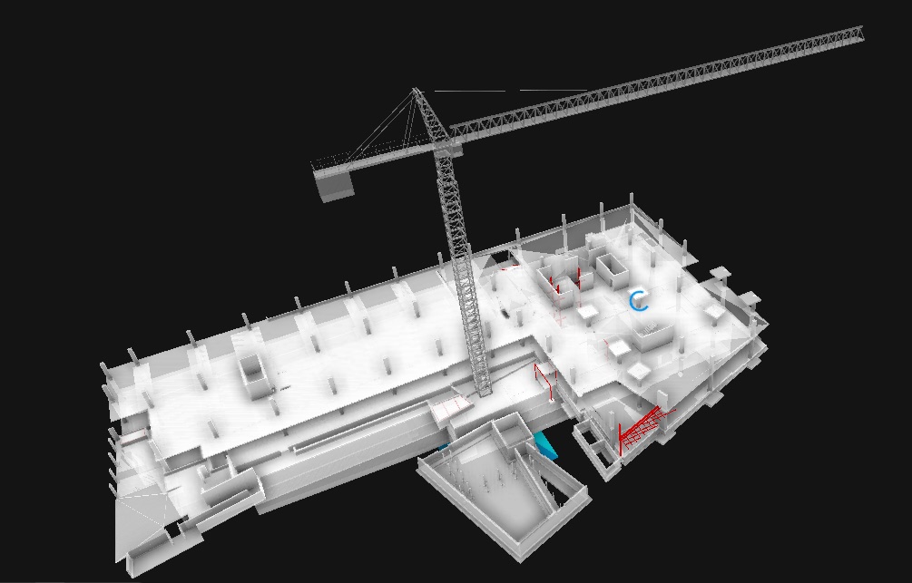 Maquette 3D d'un chantier : dalles, murs de fondation et grue à tour modélisés