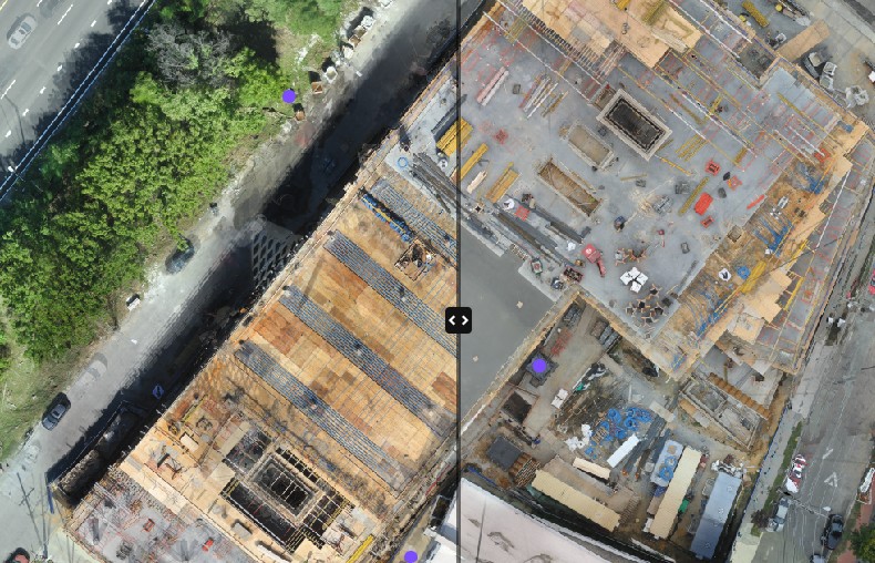 Comparateur avant-après entre deux orthophotos d'un même chantier de bâtiment