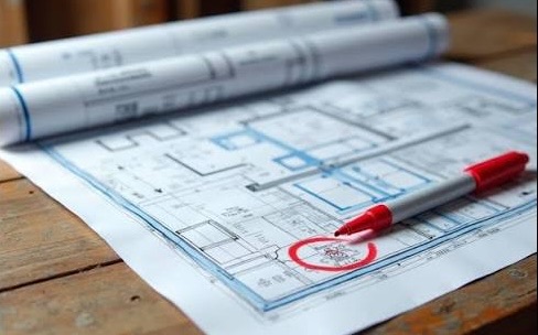 Plans de construction déroulés sur un établi, une zone entourée au crayon rouge