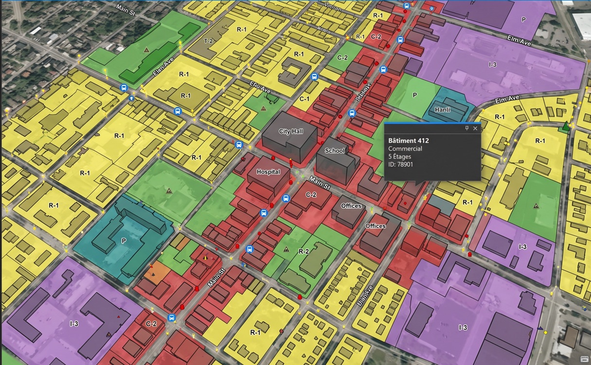 Carte de zonage en 3D d'un centre-ville, chaque usage dans sa couleur, une fiche détaillant un bâtiment