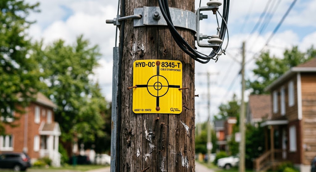 Plaque d'identification d'un poteau d'utilité publique, portant son numéro d'actif et sa cible d'arpentage