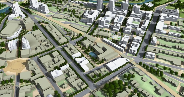Maquette 3D d'un centre-ville : bâtiments, voirie et parcs modélisés en volumes simplifiés