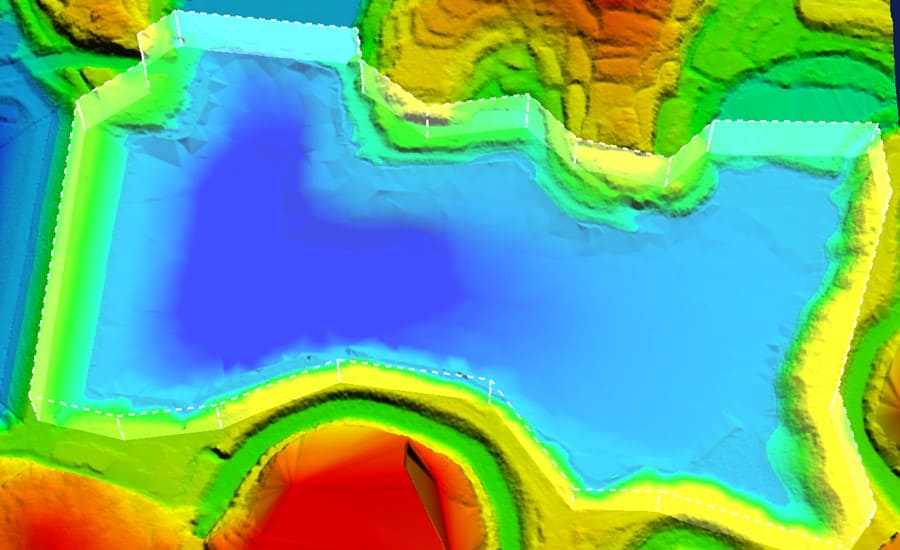 Modèle bathymétrique d'un bassin de rétention, coloré du jaune au bleu selon la profondeur