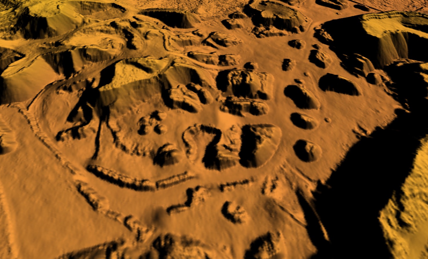 Modèle de terrain ombré d'une aire d'entreposage, piles de matériaux détourées une à une